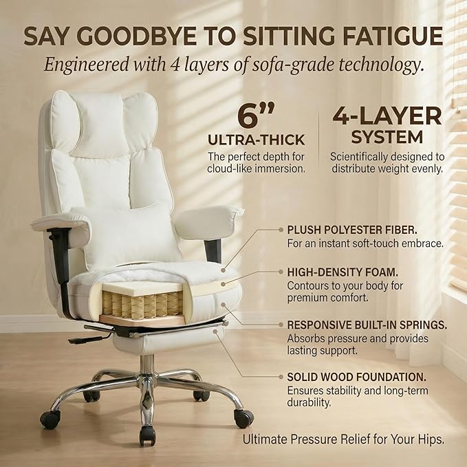 Efomao Big and Tall Office Chair 400lbs - Heavy Duty Reclining Desk Chair with Footrest, Spacious High Back PU Leather Executive Chair, Double-Layer Spring Support, White