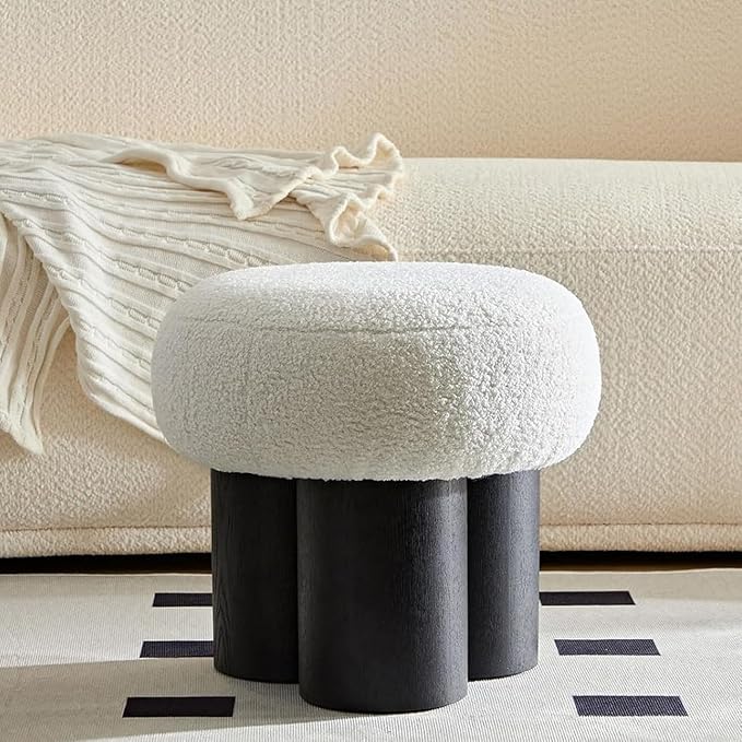 Round Foot Stool, Small Mushroom Ottoman Pouf Footstools Modern Boucle Ottoman Footrest Under Desk, Teddy Foot Rest for Couch Sofa Comfy Floor Step Stool for Living Room,Bedroom,Office(White)