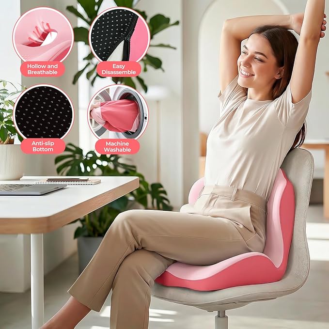 Memory Foam Seat Cushion with Lumbar Support Pillow for Truck Driver, Ergonomic L-Shaped Car Seat Cushion for Tailbone Pressure Relief, Non-Slip Chair Pad for Long Driving (Pink)