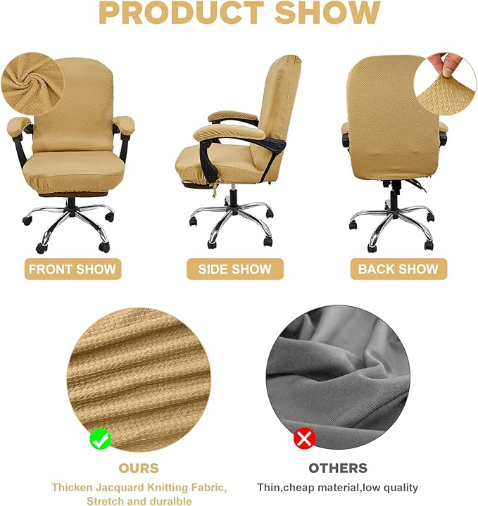 NeColorLife Stretchable Office Chair Cover with Armrest Covers - Thick Checked Jacquard High Back Desk Chair Slipcover for Rotating Chairs (Large Size, Camel)