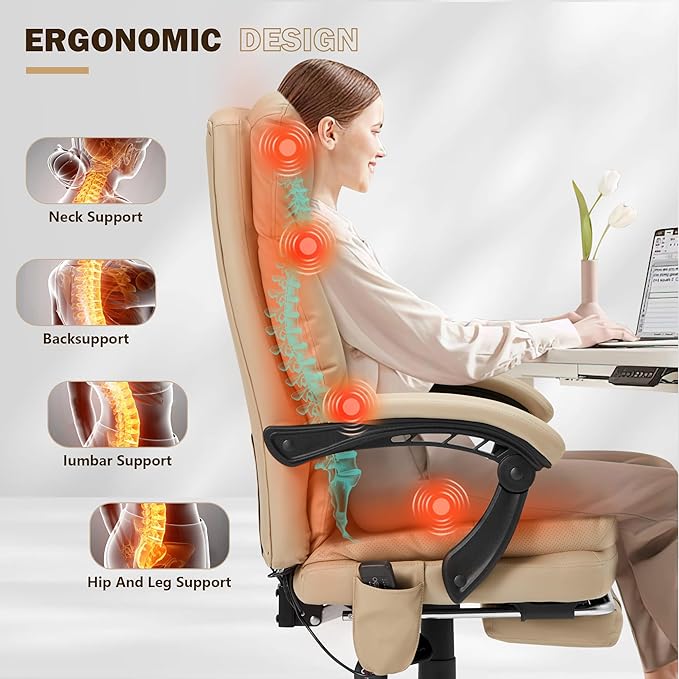 HOMREST Ergonomic Office Chair with 6-Point Massage & Heating, Adjustable Executive Desk Chairs, Retractable Footrest, Dual-Layer Soft Cushion, PU Leather, Khaki