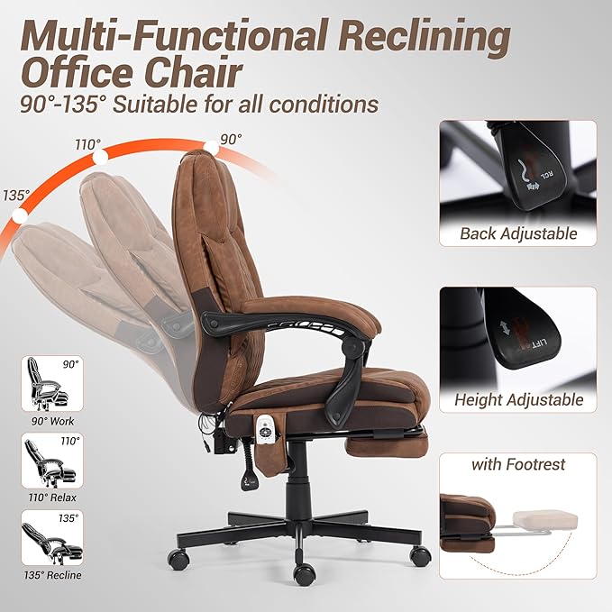 Massage Office Chair with Foot Rest, 6 Points Vibration Heating Executive Chairs Ergonomic Home Office Desk Chair with Reclining Backrest, Adjustable Arms and Lumbar Support, PU Leather, Brown