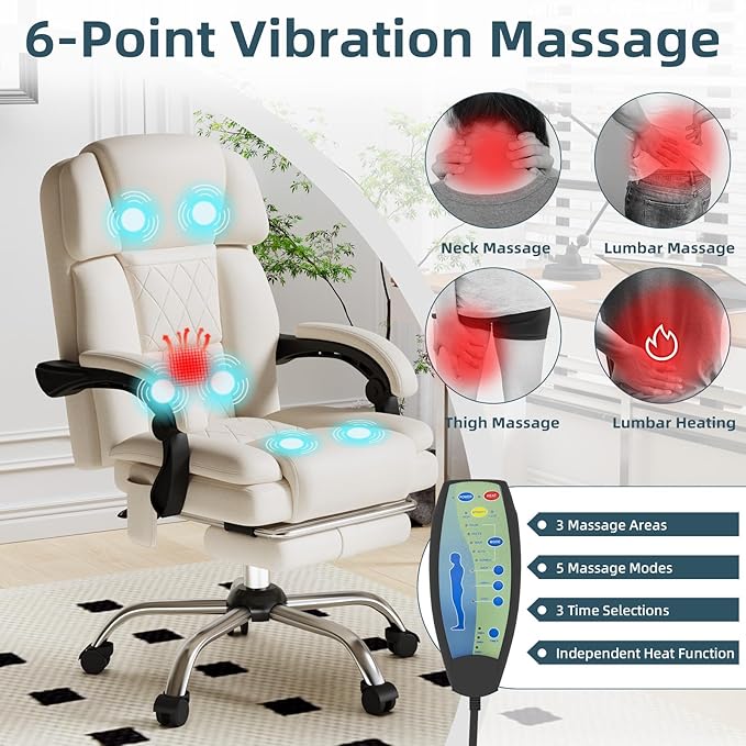 HOMREST 6-Point Massage Office Chair with Heat, Ergonomic Reclining Desk Chair with Footrest, Soft Chenille Fabric Executive Chairs for Home Office, Comfortable Computer Chair Gift for Women, Beige