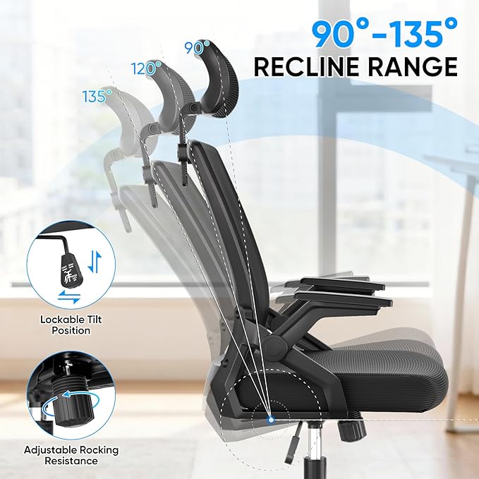 MoNiBloom High Back Mesh Office Chair with Adjustable Headrest, Flip-Up & Sliding Armrests, 18–22" Adjustable Seat Height, Ergonomic Desk Chair with Rocking Function, for Home Office, Black