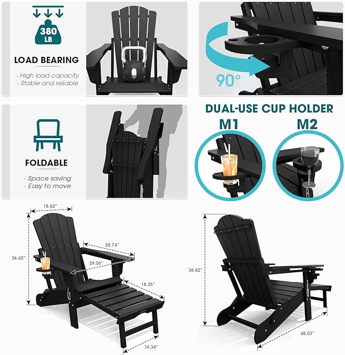 THOEOE Adjustable Adirondack Chair with Retractable Ottoman, HDEP Folding Adirondack Chairs with Footrest 2-in-1 Cup Holder, All Weather Outoor Fire Pit Chair with Foot Rest Set 4 Black