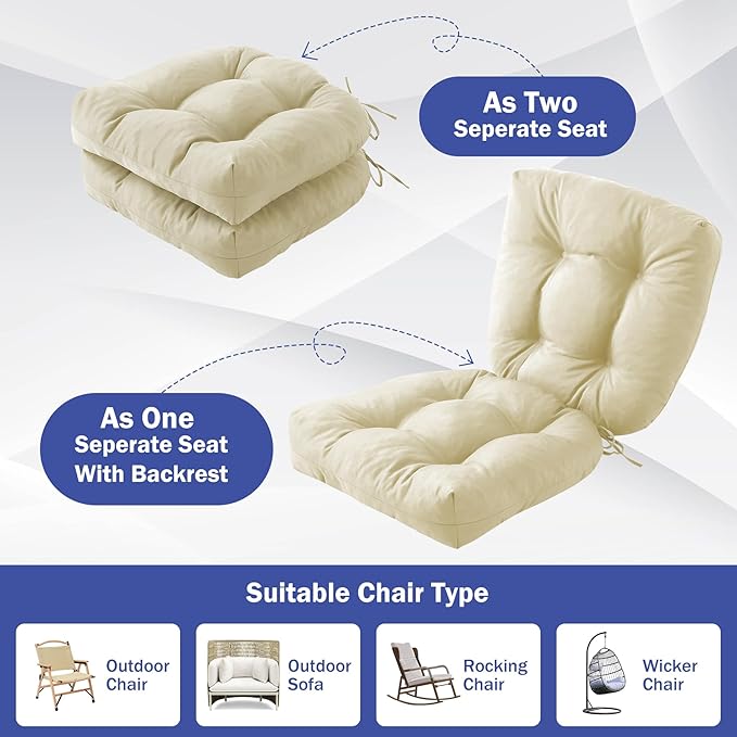 IPYNBAP Outdoor Chair Cushions Set of 2, Patio Chair Cushions with Ties, 17x17+4” Tufted Outdoor Seat Cushions, Waterproof Patio Furniture Cushions, Outdoor Dining Chair Pads, Beige