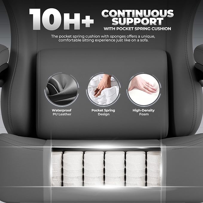 GTPLAYER Gaming Chair with Pocket Spring Cushion, Big and Tall Gamings Chairs 350LBS High Back Computer Chair with Footrest for Adults Lumbar Support Swivel Game Chair for Office, Leather Grey