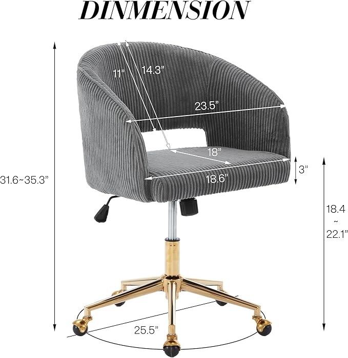 KCC Home Office Chair Swivel Desk Chair Accent Armchair Upholstered Modern Tufted Chairs with Gold Base for Girls Women Ergonomic Study Seat Computer Task Stools, with Wheels, Corduroy,Gray