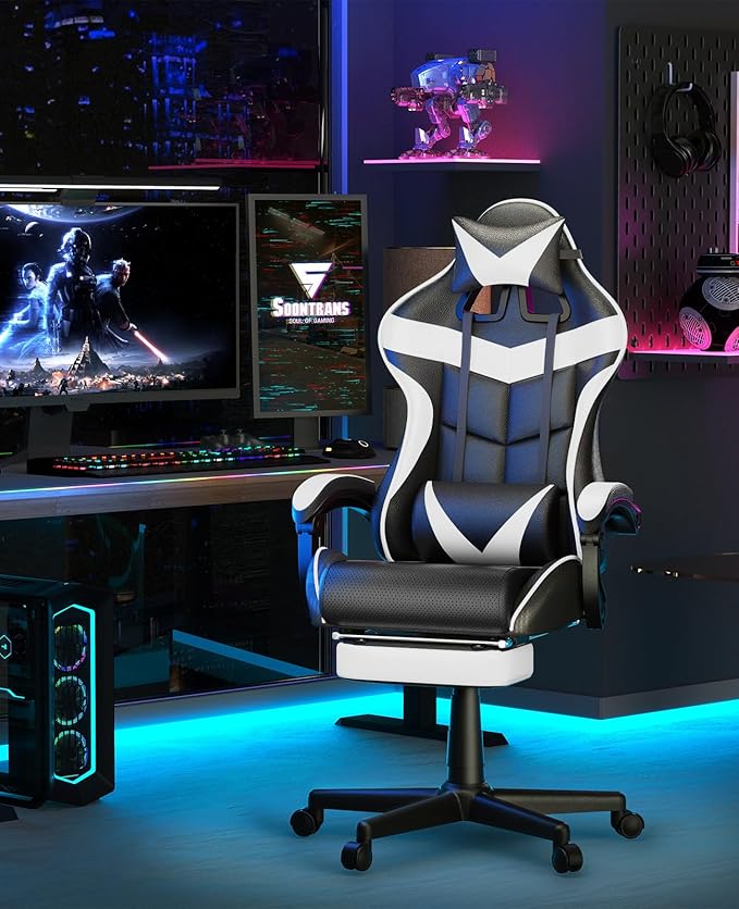 Soontrans White Gaming Chairs with Footrest, Video Game Chairs for Adults Teens,Ergonomic Gamer Chair with Headrest, Lumbar Support Adjustable Recliner Chair(Polar White)