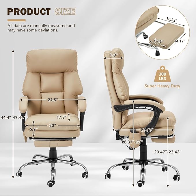HOMREST Ergonomic Office Chair with 6-Point Massage & Heating, Adjustable Executive Desk Chairs, Retractable Footrest, Dual-Layer Soft Cushion, PU Leather, Khaki