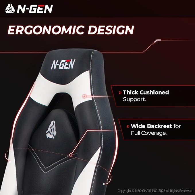 N-GEN Video Gaming Chair Ergonomic Computer Desk Office Chair with Lumbar Support Adjustable Height Swivel Wheels Flip-Up Arms PU Leather Home and Office (White)