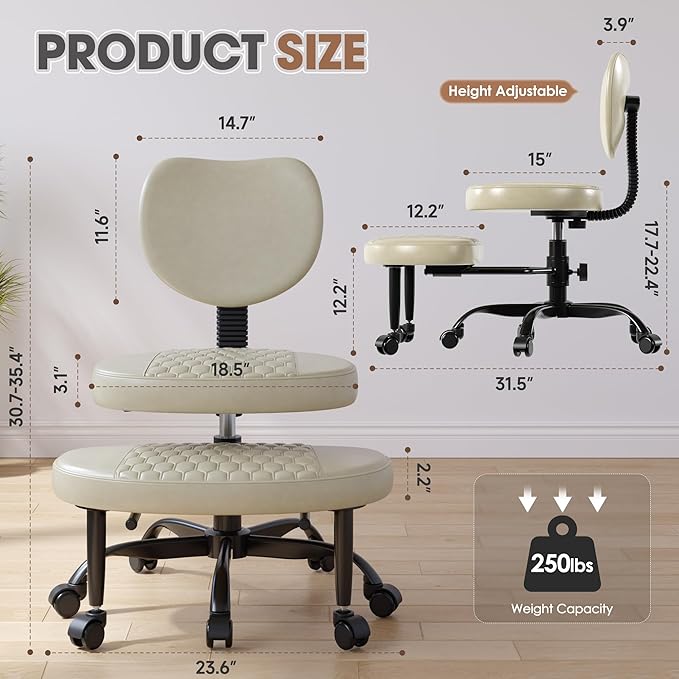 Cross Legged Office Chair, 360° Swivel ADHD Chairs for Adults, Height Adjustable Ergonomic Cross Legged Office Chair with Wheels, Wide Cross Legged Chair for Meditation, Yoga (Beige)