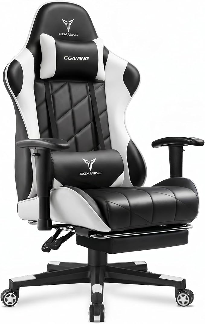 Gaming Chair, Big and Tall Video Game Chair with High Back PU Leather, Home Office Ergonomic Computer Chair with Footrest, Adjustable Height, 360° Swivel Wheels for Adults and Teens (White)
