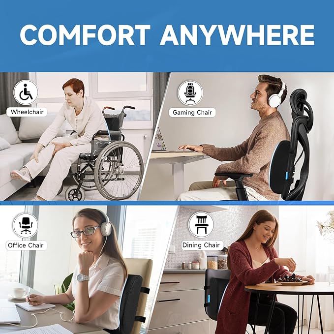 Lumbar Support Pillow for Office Chair, College Dorm Room Essentials, Memory Foam, Lower Back Support for Car, Back Pain Relief, Back Cushion for Chair with Adjustable Strap and Mesh Washable Cover