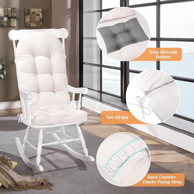 Rocking Chair Cushion - Chenille Fabric, High-Density Sponge, Durable Comfort Non-Slip Bottom Tufted Seat Pads with Ties, Chenille︱White, 44x19x4 inch
