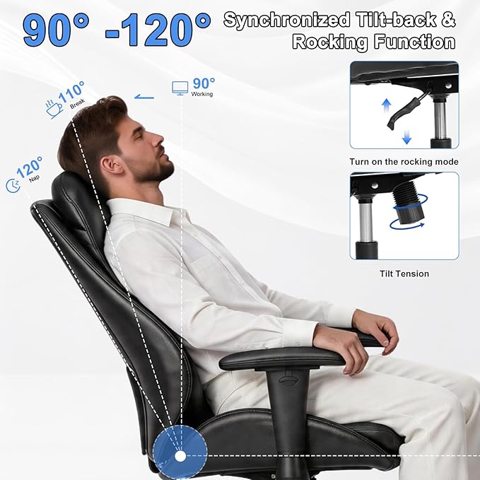BEWISHOME Office Chair with Rubber Wheels, Big and Tall Office Chair, Ergonomic Office Chairs, Executive Desk Chair, Black PU Leather Computer Comfy Chairs with Lumbar Support, Adjustable Armrests