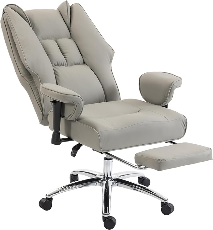 HOMCOM Ergonomic Executive Office Chair with Foot Rest, Reclining Swivel Computer Desk Chair with Adjustable Armrests, Spring Seat, High Back, Thick Cushion, Pet Friendly Faux Leather, Light Gray
