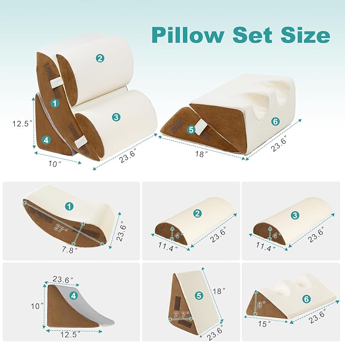 Hansleep Bed Wedge Pillow Set for After Surgery 6PCS, Post Surgery Pillow for Sleep Apnea and Acid Reflux Relief, Adjustable Reading Pillows Back Support with Memory Foam, Beige, 23"