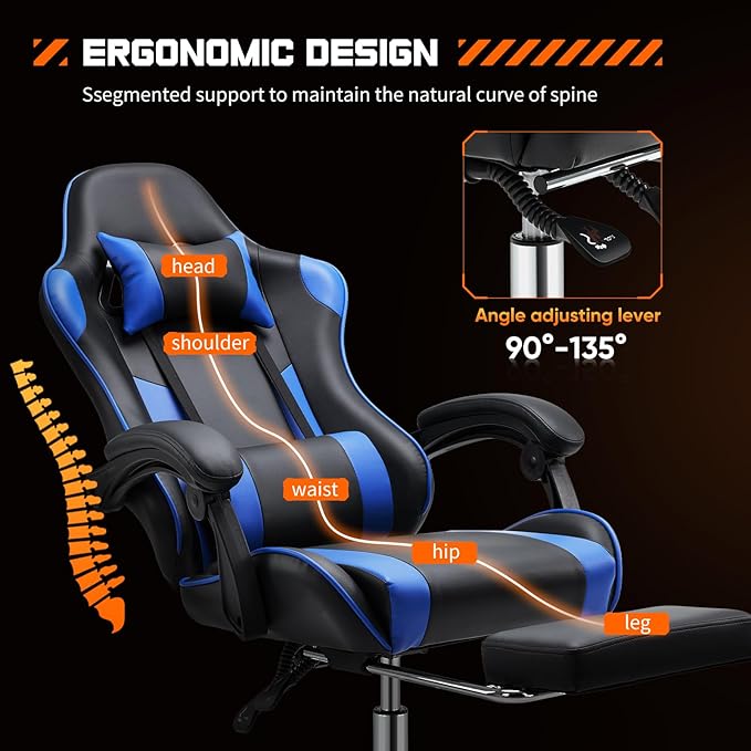 Sweetcrispy Video Game Desk Chair - Ergonomic Computer with Footrest and Comfy Lumbar Support, PU Leather Recliner with Headrest, Fixed Up Armrest, Height Adjustable with 360° Swivel, for Adults, Blue