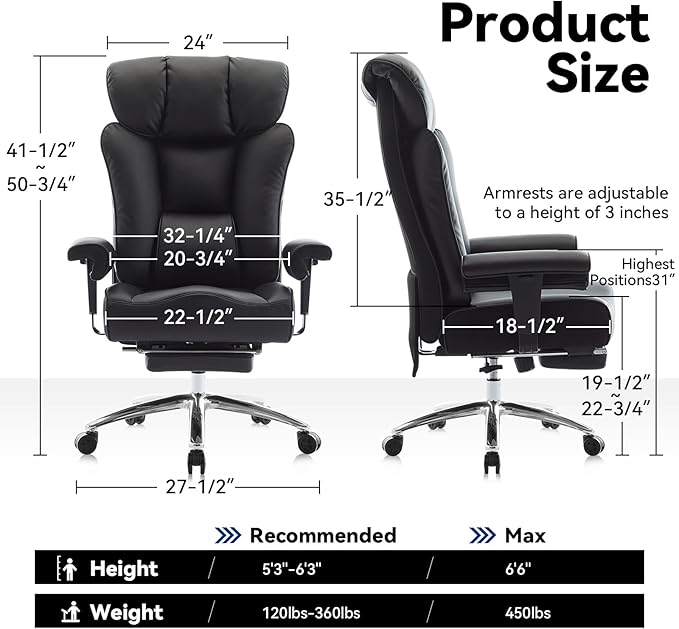 Efomao Big and Tall Office Chair with Footrest, 450lbs High Back Executive Chair with Spring Cushion, PU Leather Upholstery, Padded Armrests, Swivel Base, and Rolling Wheels – Black Computer Chair