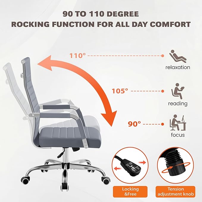Furmax Ergonomic Office Desk Chair, Executive Ribbed Mid-Back PU Leather Conference Room Chair Adjustable Swivel Chair with Arms (4, Grey)