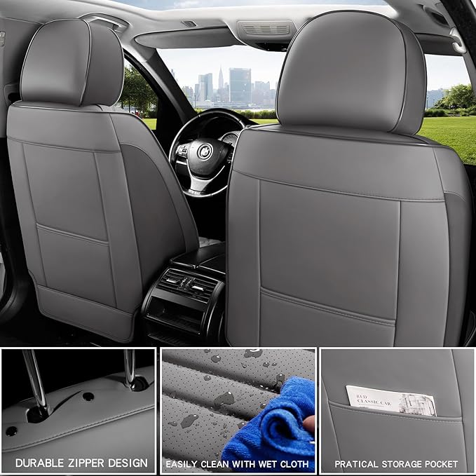 MINGBRON Car Seat Covers Full Set, 5 Seats Comfortable Faux Leather Seat Covers for Cars, Waterproof Automotive Seat Covers, Luxury Universal Fit Seat Covers for SUV, Sedans, Pick-up Trucks (Gray)