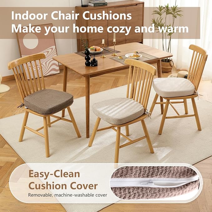 D-Shaped Chair Cushions for Dining Chairs, 2.5” Thick Chair Pads with Washable Comfortable Textured Cover, Non Slip Kitchen Chair Cushions with Ties, 16.5" x 16.5", 2 Pack, Brown