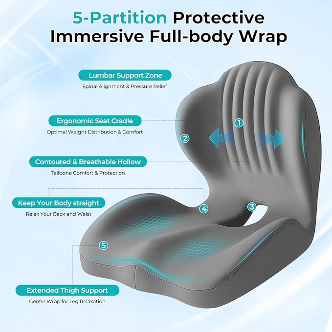 Memory Foam Seat Cushion with Lumbar Support Pillow for Truck Driver, Ergonomic L-Shaped Car Seat Cushion for Tailbone Pressure Relief, Non-Slip Chair Pad for Long Driving, Gray