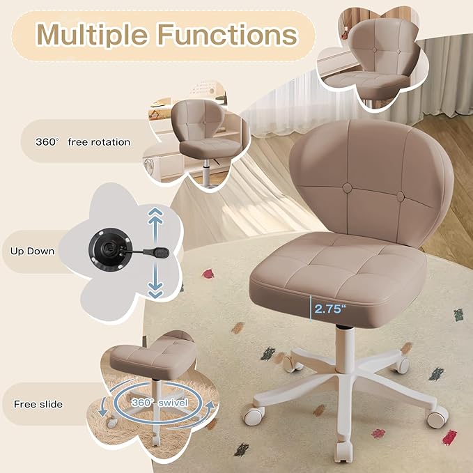 Vanity Chair with Back – Small Armless Office Chair with Wheels, Lumbar Support, PU Leather, Adjustable Height, 360° Swivel for Home, Bedroom, Office (Khaki Set of 1)