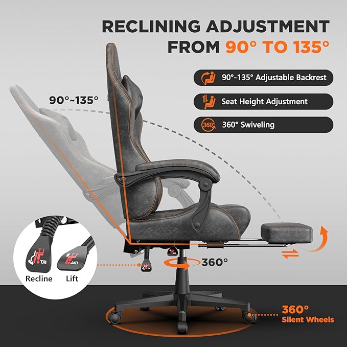 Ferghana Vintage PU Leather Gaming Chair, Ergonomic Gamer Chair with Massage, High Back Computer Office Chair with Footrest for Adults, Racing Style Reclining Video Game Chair (Grey)