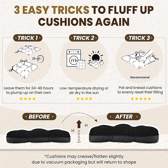 downluxe Indoor Chair Cushions for Dining Chairs, Tufted Overstuffed Textured Kitchen Chair Pads with Ties and Non-Slip Backing, 16.5" x 16.5" x 4", Black, 4 Pack