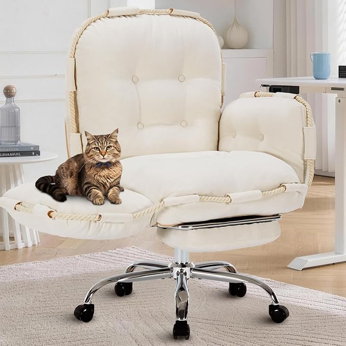 Criss Cross Office Chair with Foot Rest Flip Armrests for Pets and Comfortable Cross Legged Office Chairs for Women Reclining Office Chair Desk Chair Comfy Vanity Chair with Back and Wheels Beige