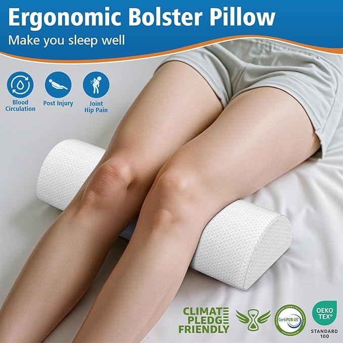 Large Knee Pillow for Side Sleepers, Half Moon Memory Foam Bolster Pillow for Legs,Ergonomic Design Wedge Elevation Pillow for Side & Back Sleeping,Under Knee Support,Foot,Ankle, Lumbar,White - 2 Pack