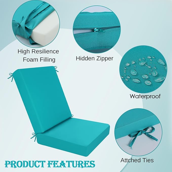 idee-home Outdoor Dining Chair Cushion, Patio Seat Cushion High Back Waterproof Seat Pads with Removable Cover, Indoor Chair Pads Deep, Peacock Blue