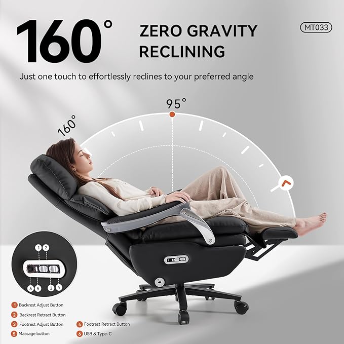 EMIAH Ergonomic Office Chair with Foot Rest Electric Executive Office Chair Reclining with Massage Big and Tall High Back Computer Chair with Wheels, Sustainable Leather（Black）