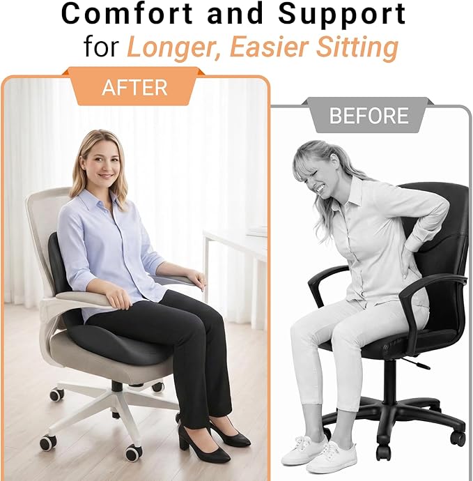Ergonomic Seat Cushion Set with Lumbar Support Pillow, High-Density Memory Foam Cushion with Non-Slip Base, Posture Support Cushion for Office Chair, Home Chair, Car Seat, Dark Gray