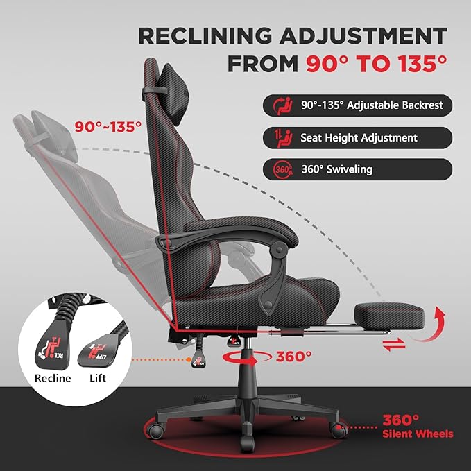 Ferghana Vintage PU Leather Gaming Chair, Ergonomic Gamer Chair with Massage, High Back Computer Office Chair with Footrest for Adults, Racing Style Reclining Video Game Chair (Black)
