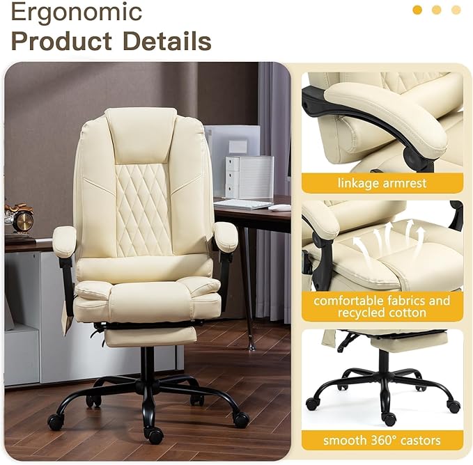 6-Point Heated Massage Office Chair with Footrest, Ergonomic Home Desk Chair with Lumbar Support, Executive High Back PU Leather Computer Chair with Armrest & Reclining, Beige