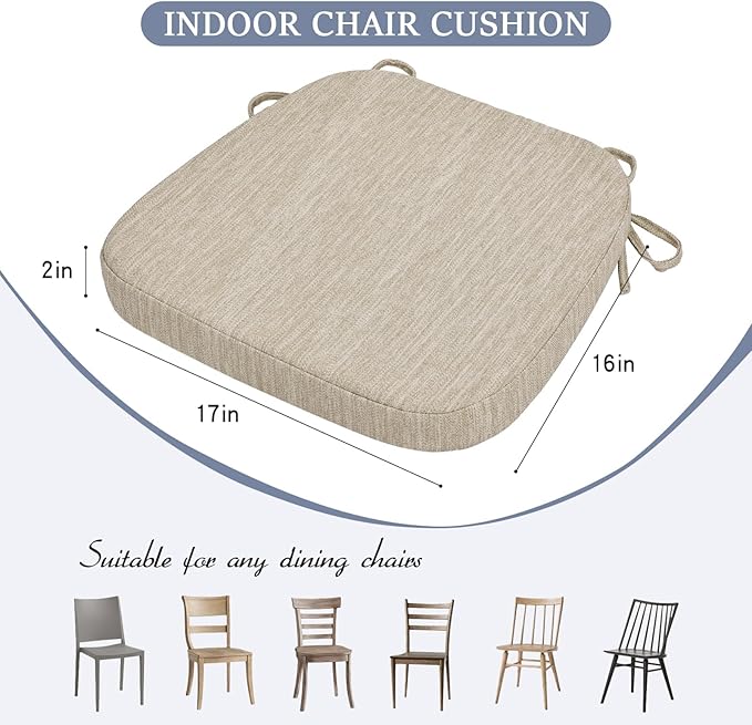 baibu Kitchen Chair Cushions Set of 6, Dual-Layer Patented Design Memory Foam Dining Chair Pads with Ties and Washable Cover, 6 Pack, 17" x 16" x 2", Beige
