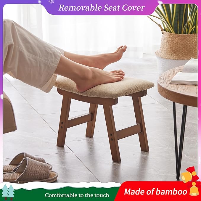 Kitsanery Foot Stool,Ottoman,Bamboo Small Sofa Foot Rest Under Desk,Extra Seating for Living Room, Bedroom and Kitchen(Brown Stool Legs - Beige Surface)