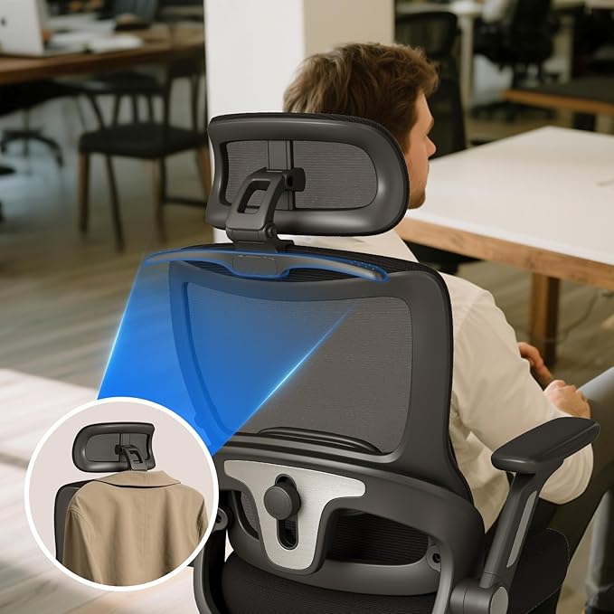 Ergonomic Office Chair, Home Computer Chair with 3D Adjustable Headrest and 4D Flip-Up Armrests, Adjustable Lumbar Support, Suitable for Office and Study, Black
