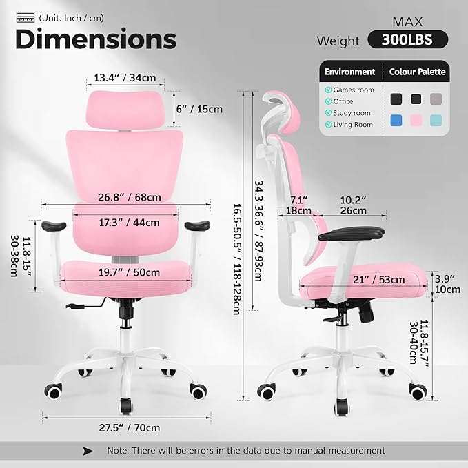Ergonomic Office Chair High Back Desk Chair with Lumbar Support, Breathable Mesh Computer Chair with Adjustable Armrests Height, Reclining Swivel Big and Tall Gaming Chair for Home Office(Pink)