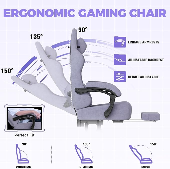 GTPLAYER Gaming Chair with Pocket Spring Cushion, High Back Ergonomic Computer Chair with Footrest for Adults Lumbar Support Swivel Game Chair for Office Gaming 350LBS, Fabric Macaron Purple