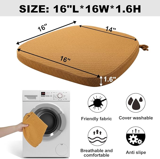 BUYUE Luxury 100% Pure Memory Foam Chair Cushions 4 Pack, Jacquard 16" U-Shape Comfortable Dining Chair Pads, Removable Slip Resistant Kitchen Chair Seat Cushions, (Set of 4, Ocher)