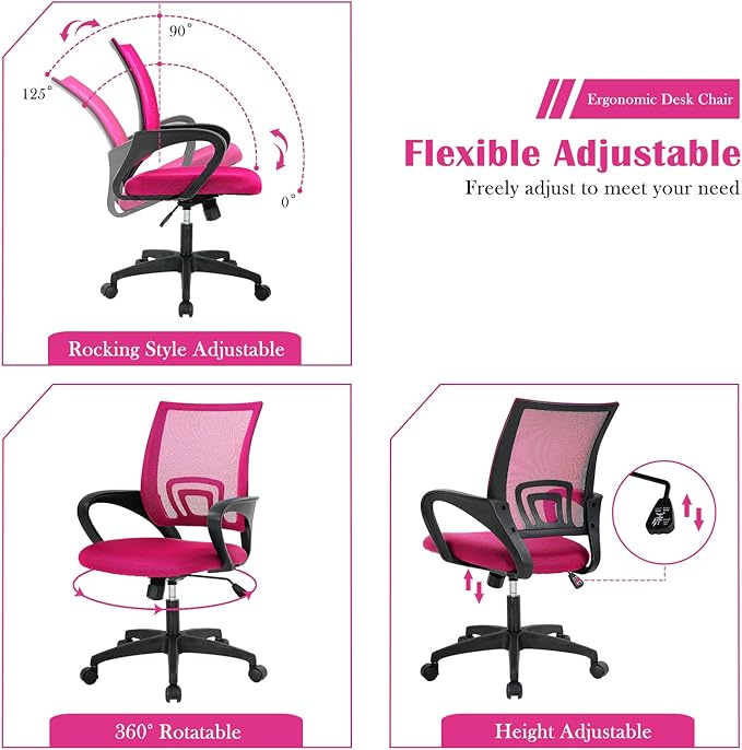 Office Chair, Desk Chair with Lumbar Support Arms, Adjustable Computer Chair with Breathable Mesh Backrest, Home Office Desk Chairs for Student, Adults, Study, Dorm, Comfortable Office Chair(Pink)