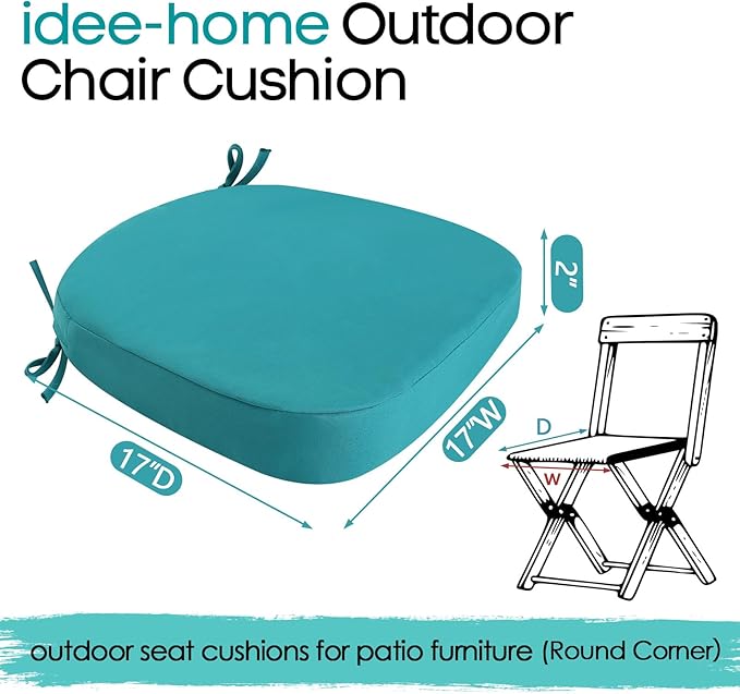 idee-home Outdoor Chair Cushions Set of 2, 17" x 17" Thick D-Shaped Patio Furniture Outdoor Seat Cushions Waterproof with Ties, Dining Pads