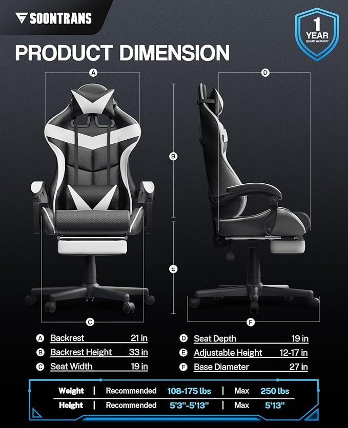 Soontrans White Gaming Chairs with Footrest, Video Game Chairs for Adults Teens,Ergonomic Gamer Chair with Headrest, Lumbar Support Adjustable Recliner Chair(Polar White)