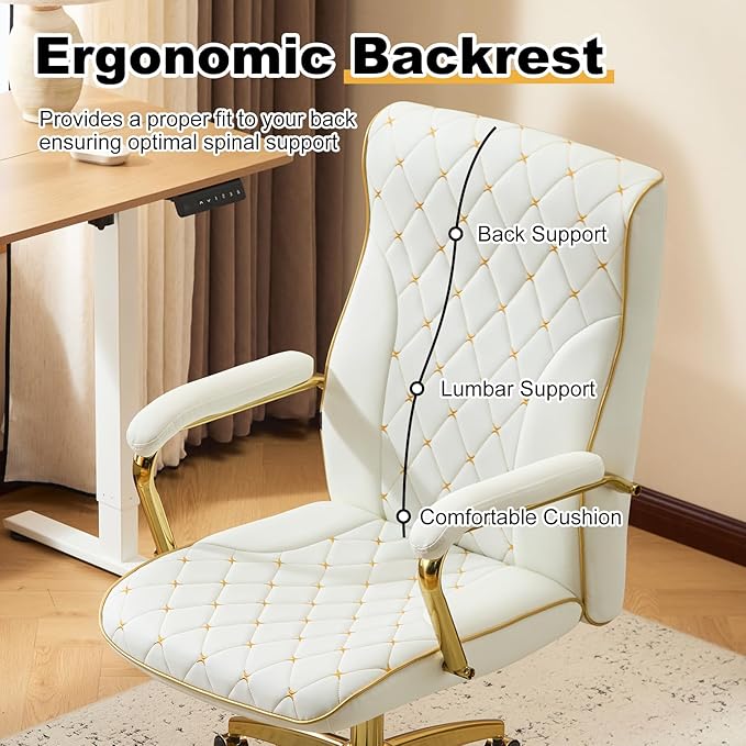 Furniliving White and Gold Office Chair, Leather Office Chairs, Adjustable Vanity Chair with Golden Legs and Padded Armrest, Modern Upholstered Computer Chair with Wheels,White