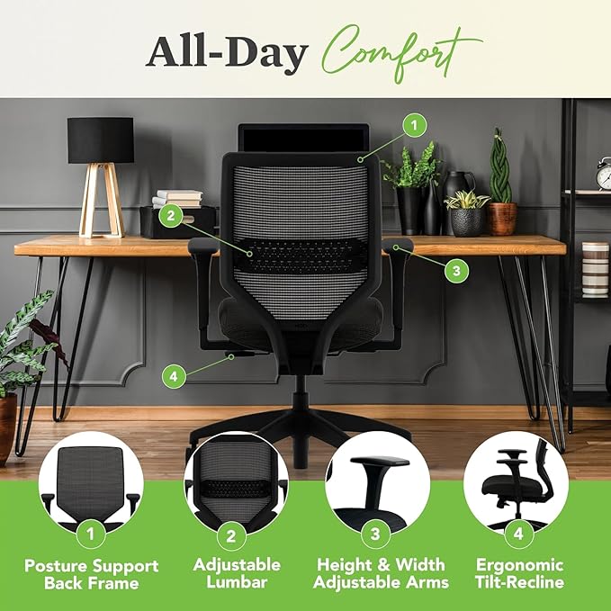 HON Solve Office Chair, Ergonomic Office Chair Mesh Back Support, Adjustable Lumbar Support, Height Adjustable Arms, Black Frame, Pear