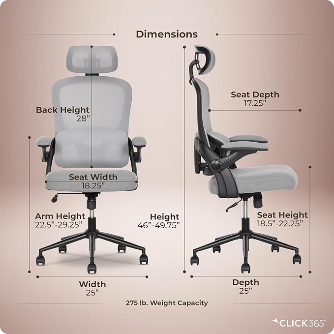 AeroCore M320 Ergonomic Office Chair, High Back Breathable Mesh Computer Chair with Lumbar Support, Adjustable Headrest & Tilt, Flip-Up Arms, 360° Swivel Home Office Desk Chair, Gray